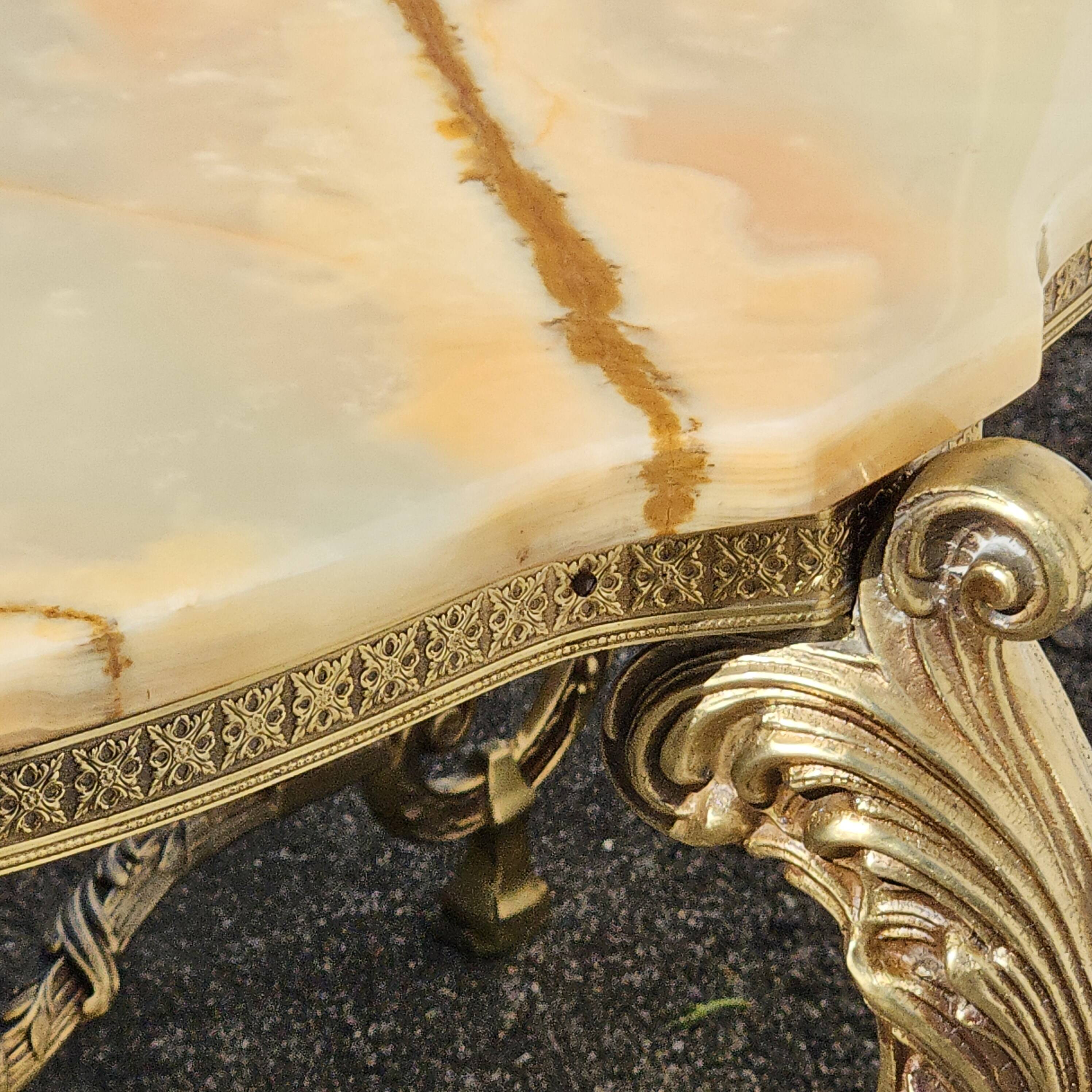 French Vintage Onyx Marble Bronze Coffee Table Style Louis XV 60s