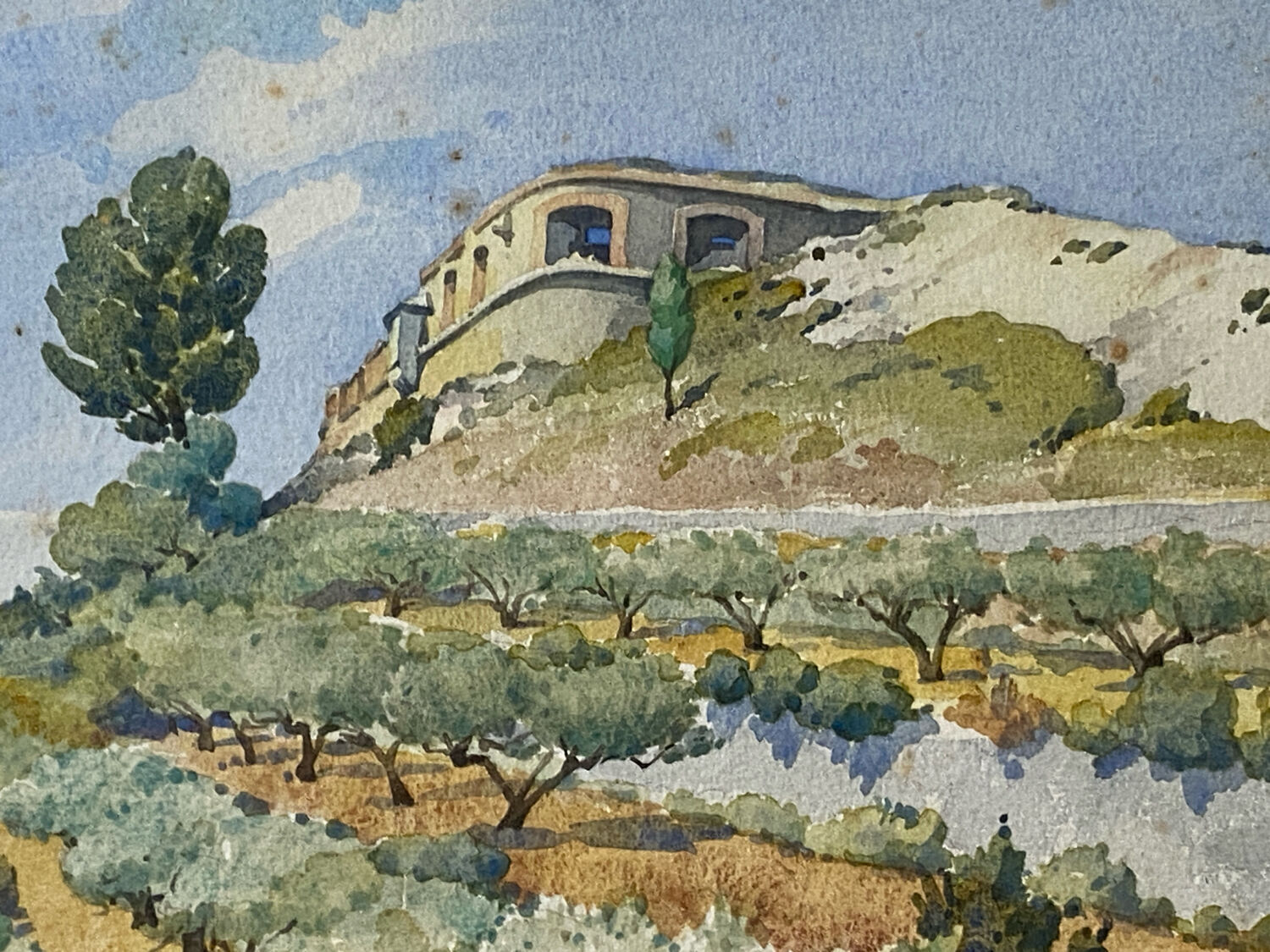 Watercolour landscape of Provence "the fort on the town", early 20th century.