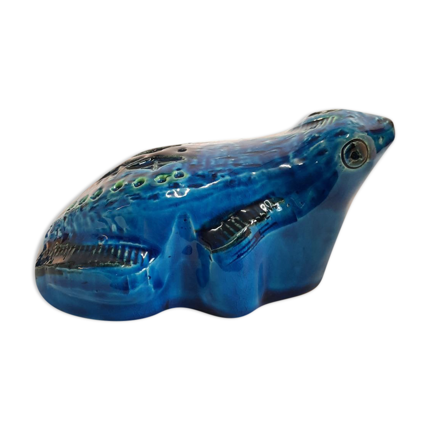Vintage frog statue, Aldo Londi for Bitossi, Rimini blue series.