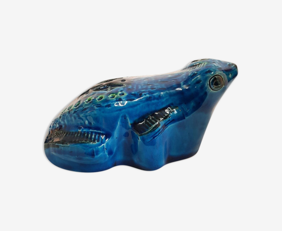 Vintage frog statue, Aldo Londi for Bitossi, Rimini blue series.