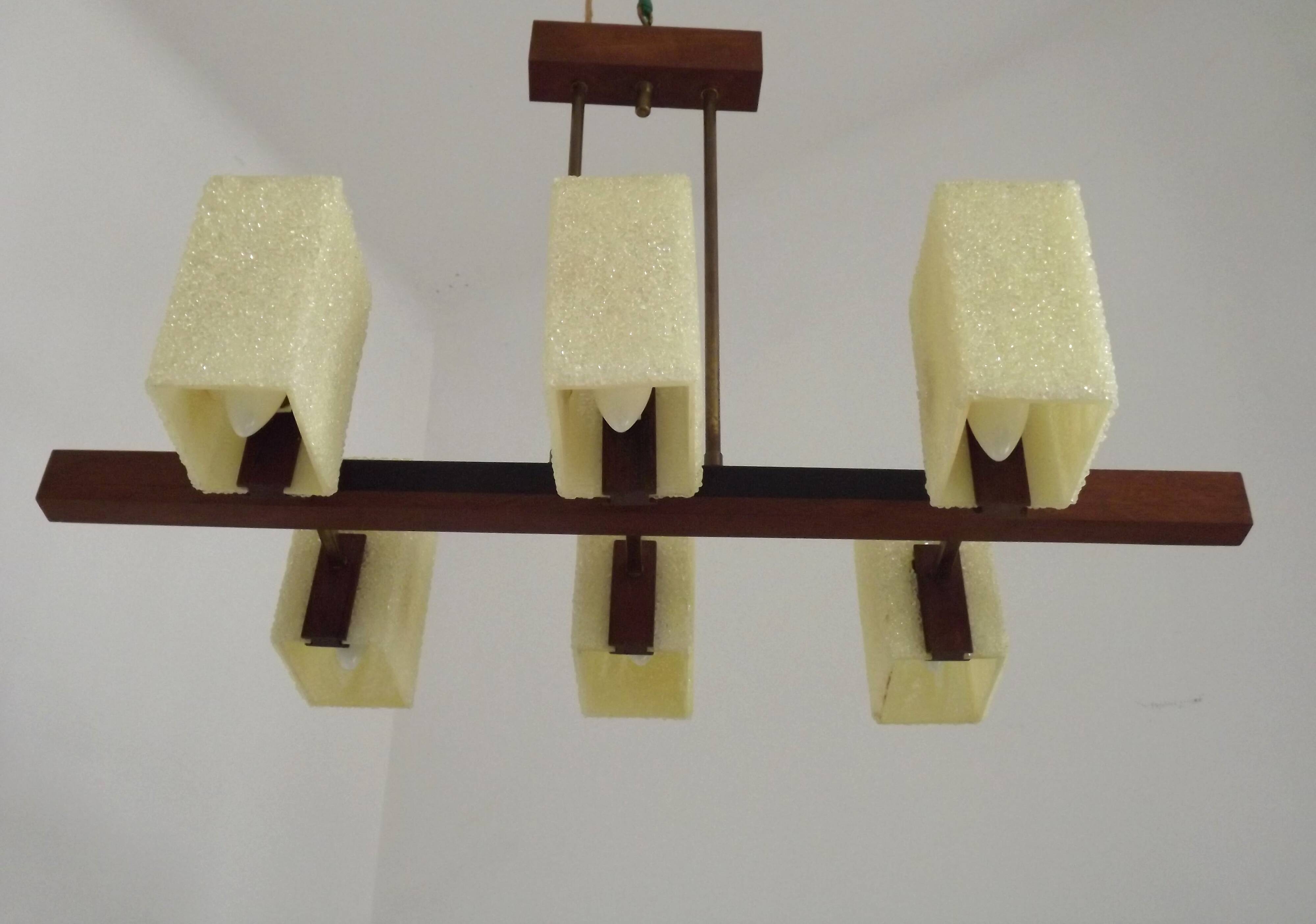 Vintage Retro Scandinavian Style 6 Light Teak Brass & Perspex Chandelier 4444