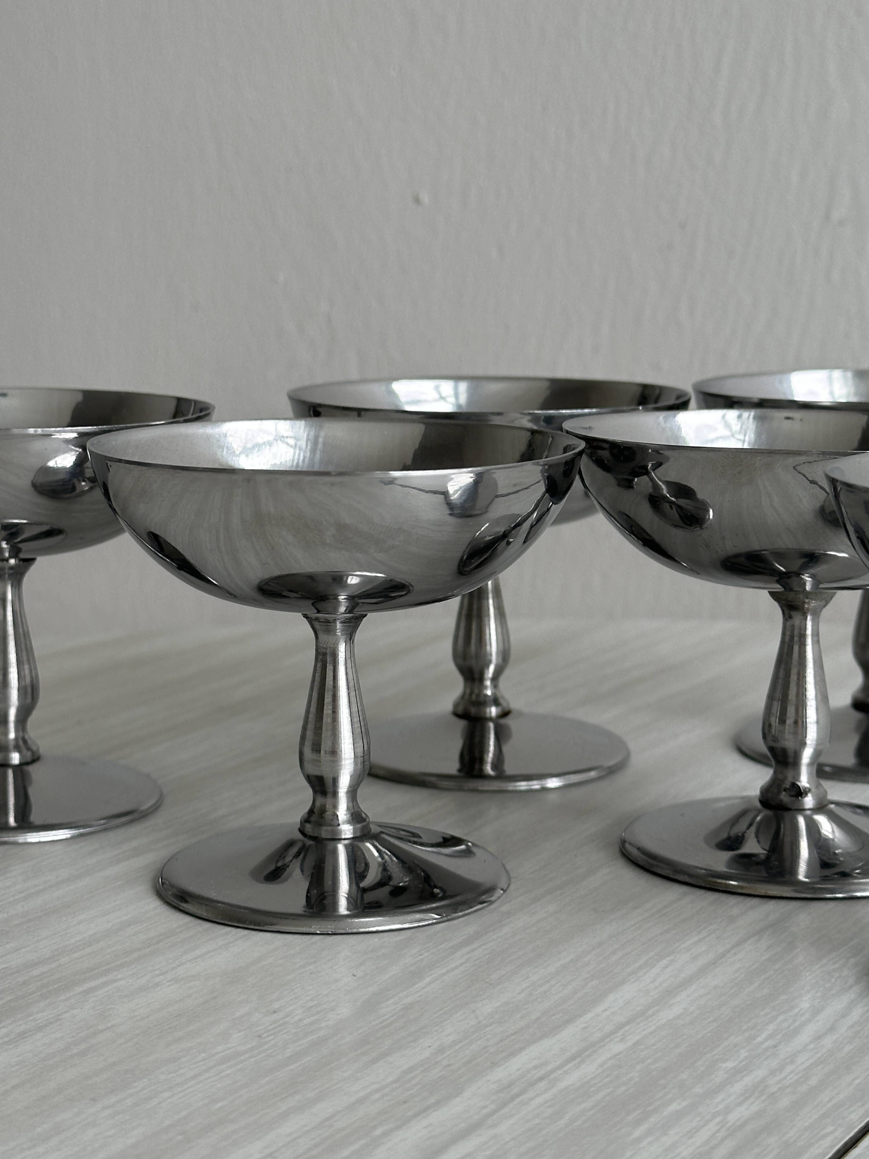 Set of 6 vintage stainless steel dessert bowls on feet