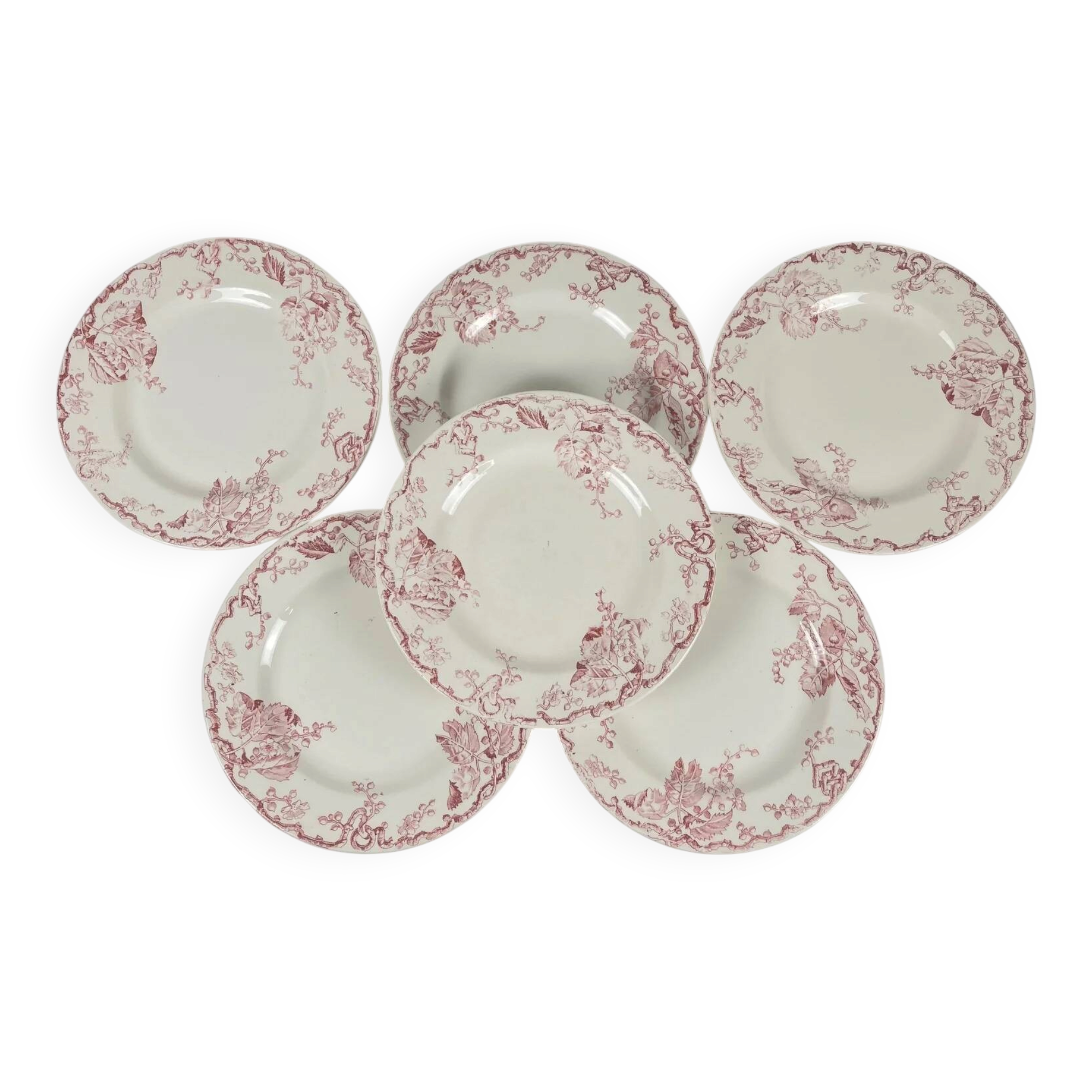 Set of 6 flat plates KG Lunéville Terre de fer, "Fontainebleau", pink, 19th century