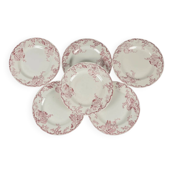 Set de 6 assiettes plates KG Lunéville Terre de fer, ''Fontainebleau'', rose, XIXe siècle