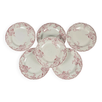 Set of 6 flat plates KG Lunéville Terre de fer, "Fontainebleau", pink, 19th century