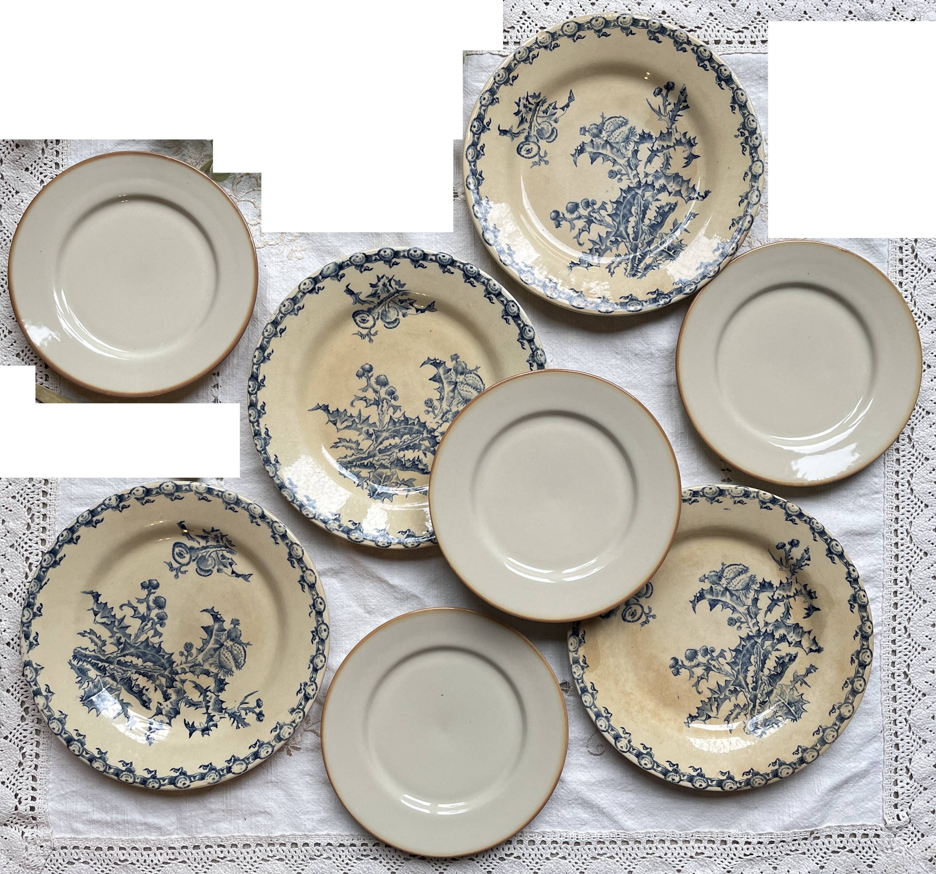 4 Gien Thistle ironstone plates + 4 small mismatched Tulowice stoneware plates