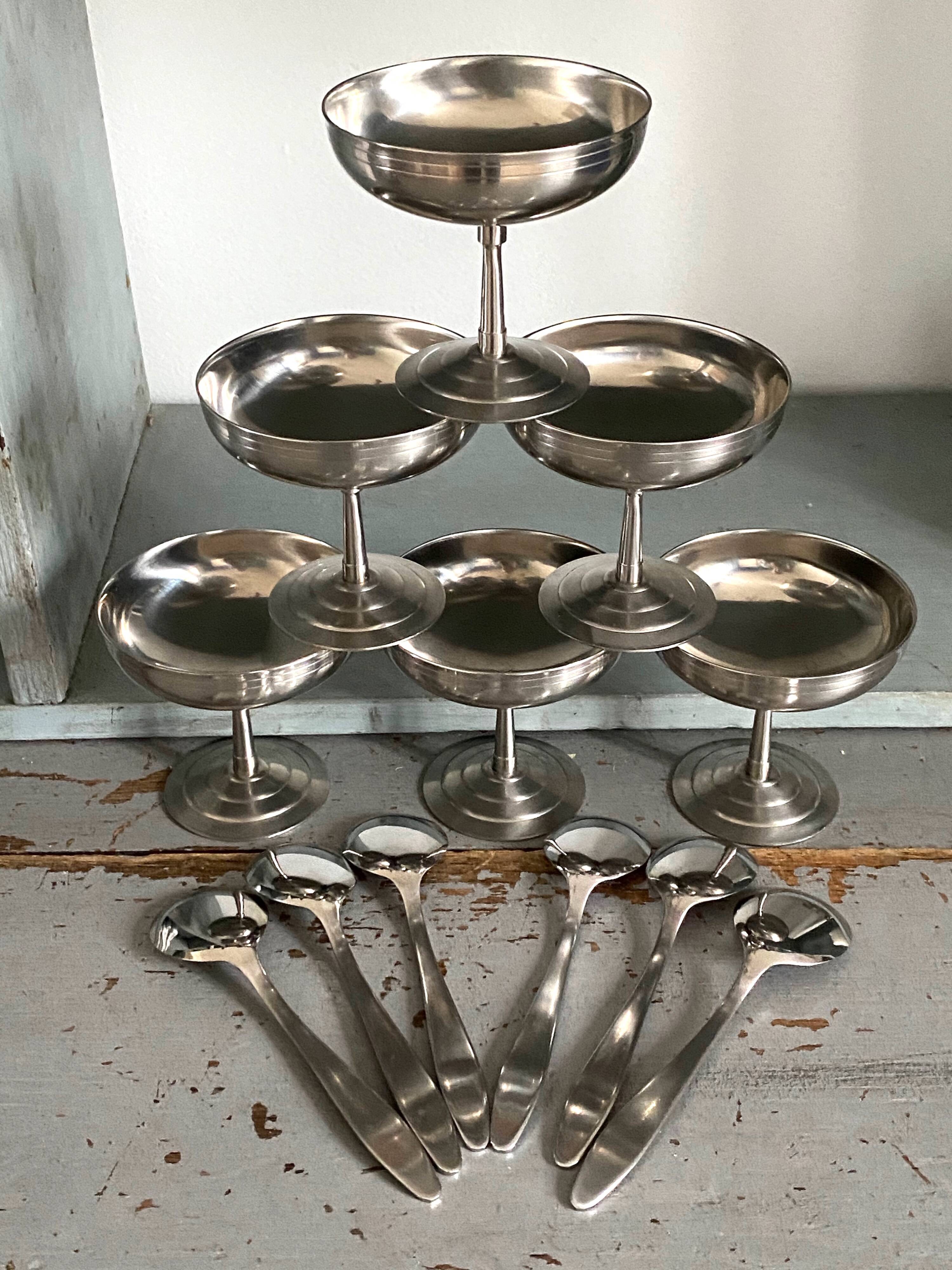 Ice cream cup with spoons, vintage stainless steel
