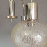 Three-globe brass chandelier in amber/vintage glass 60s-70s