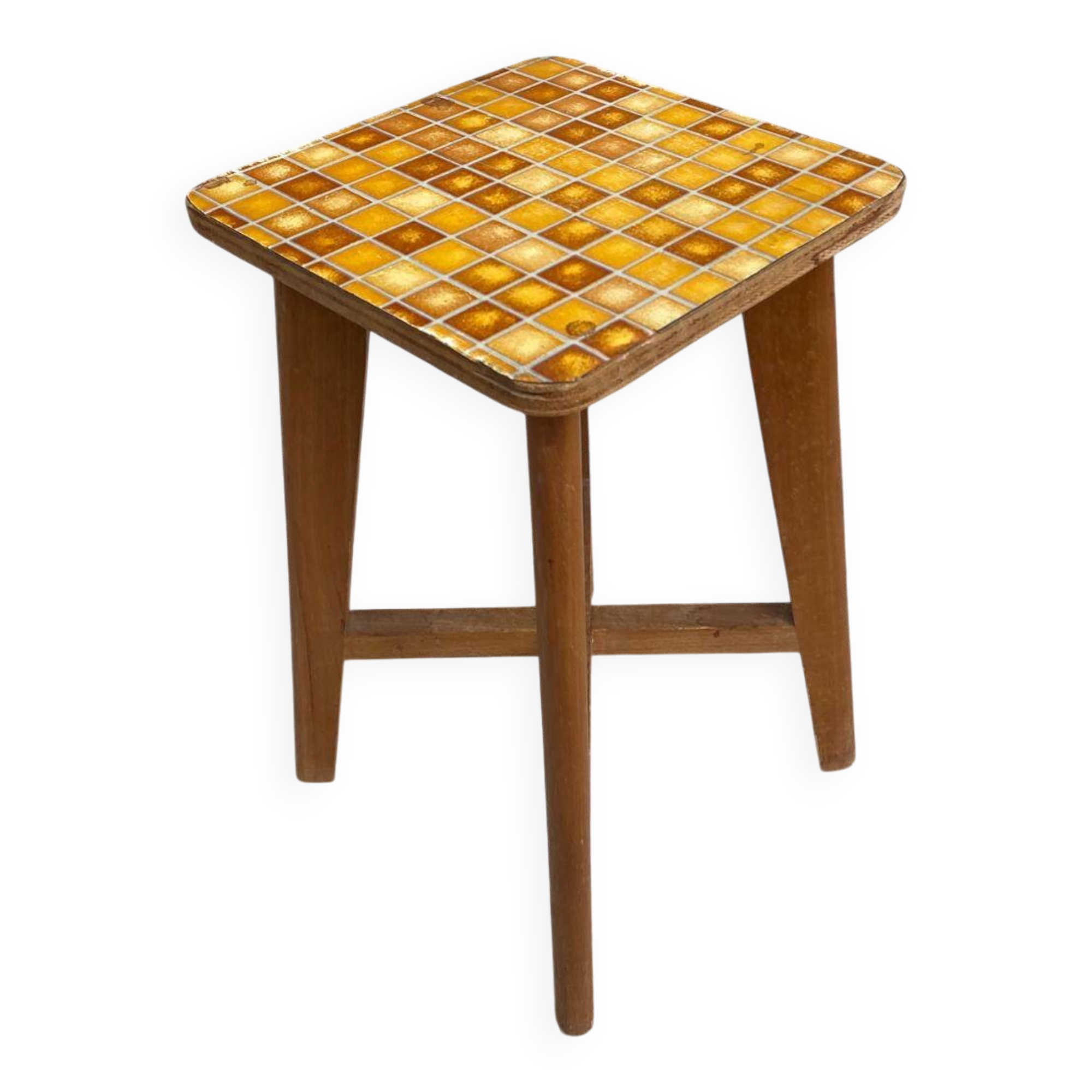 Scandinavian stool with amber mosaic effect top, 60s side table.