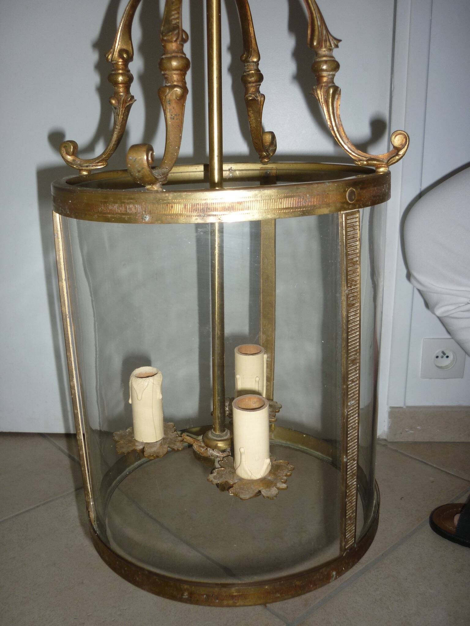 Antique glass and brass lantern pendant light, 3 lights