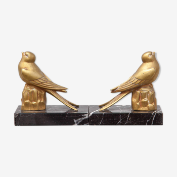 Bird bookends with marble plaque, golden regulated bird, art deco bookend, library, 30