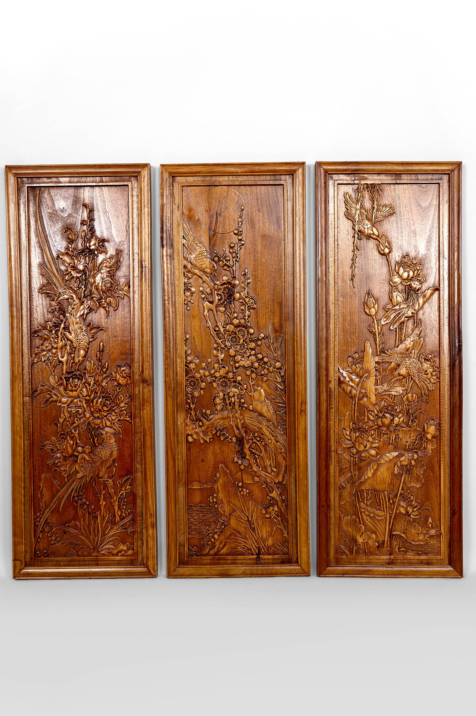 3 carved wooden panels, floral and animal decorations, Indochina