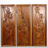 3 Panneaux en bois sculpté, Décors Floraux et Animaliers, Indochine