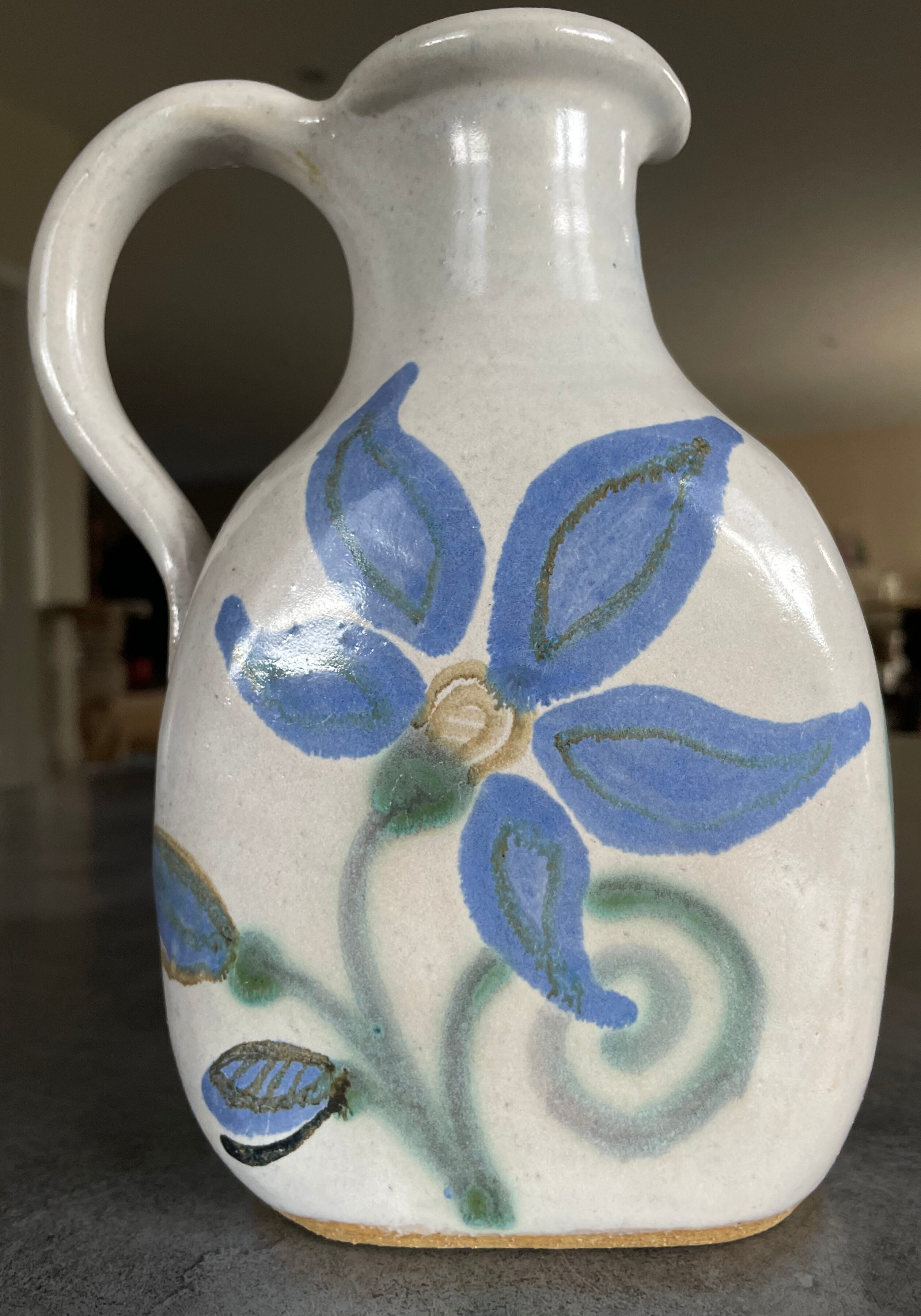 Vintage signed stoneware pitcher jug with floral painting decoration