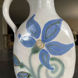 Vintage signed stoneware pitcher jug with floral painting decoration