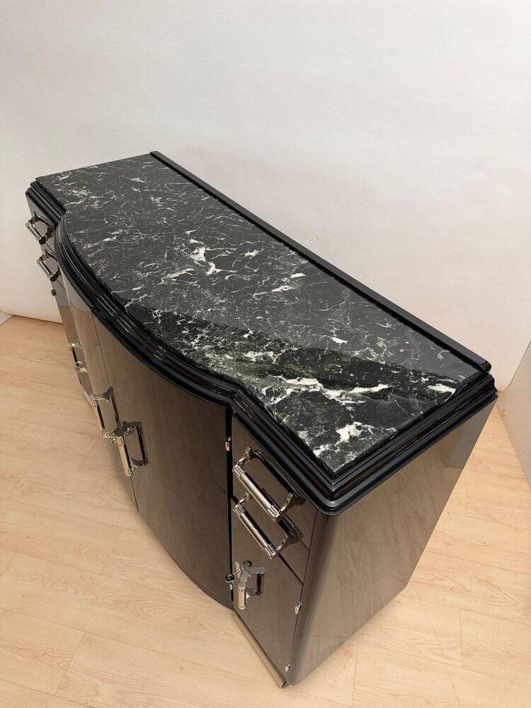 Art Deco sideboard in black lacquer, nickel, marble and mahogany, 1930s
