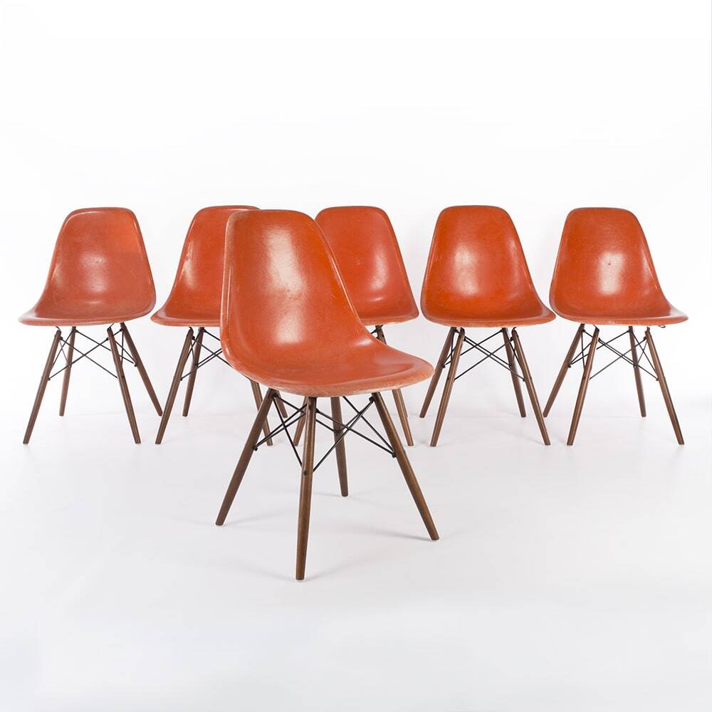 Orange Set (6) Herman Miller Original Vintage Eames DSW Side Shell Chairs