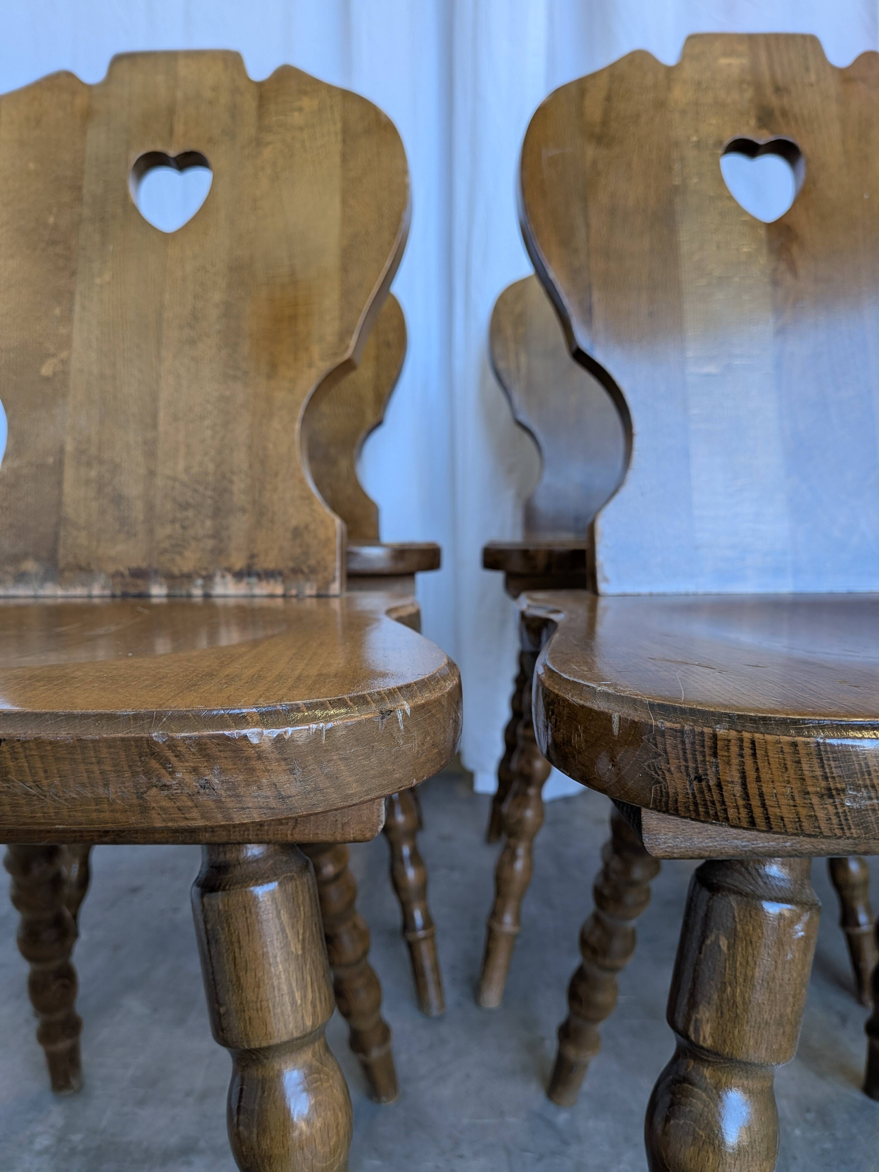 Set of 8 Vintage Tyrolean Heart Cutout Wooden Dining Chairs / Darker Brown