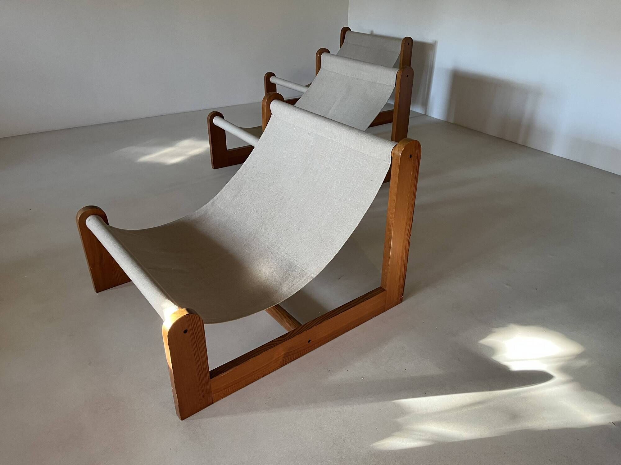 Sling chair in pine, canvas and sheepskin, 1970s