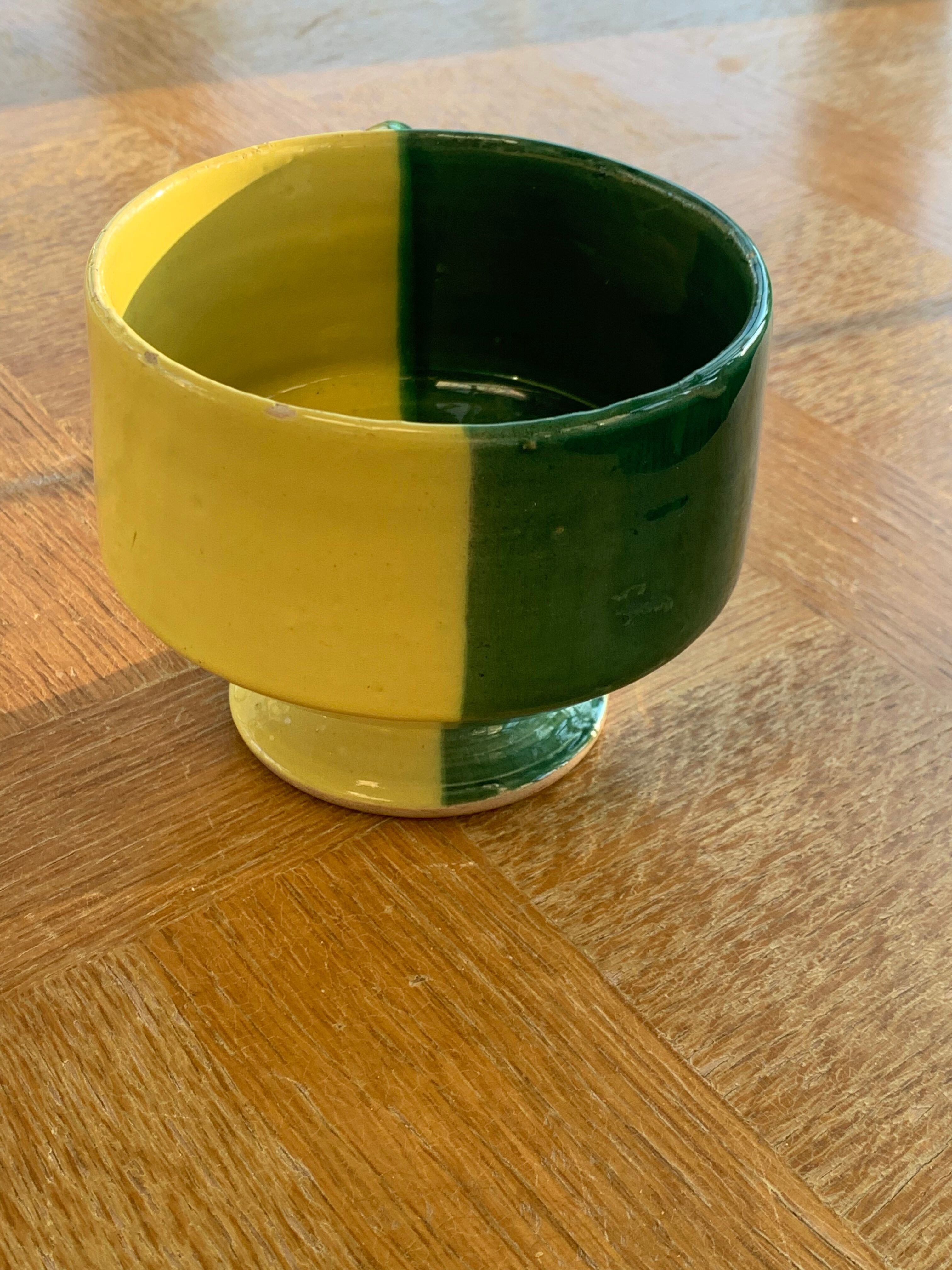 Large bowl in vintage green and yellow enamelled ceramic