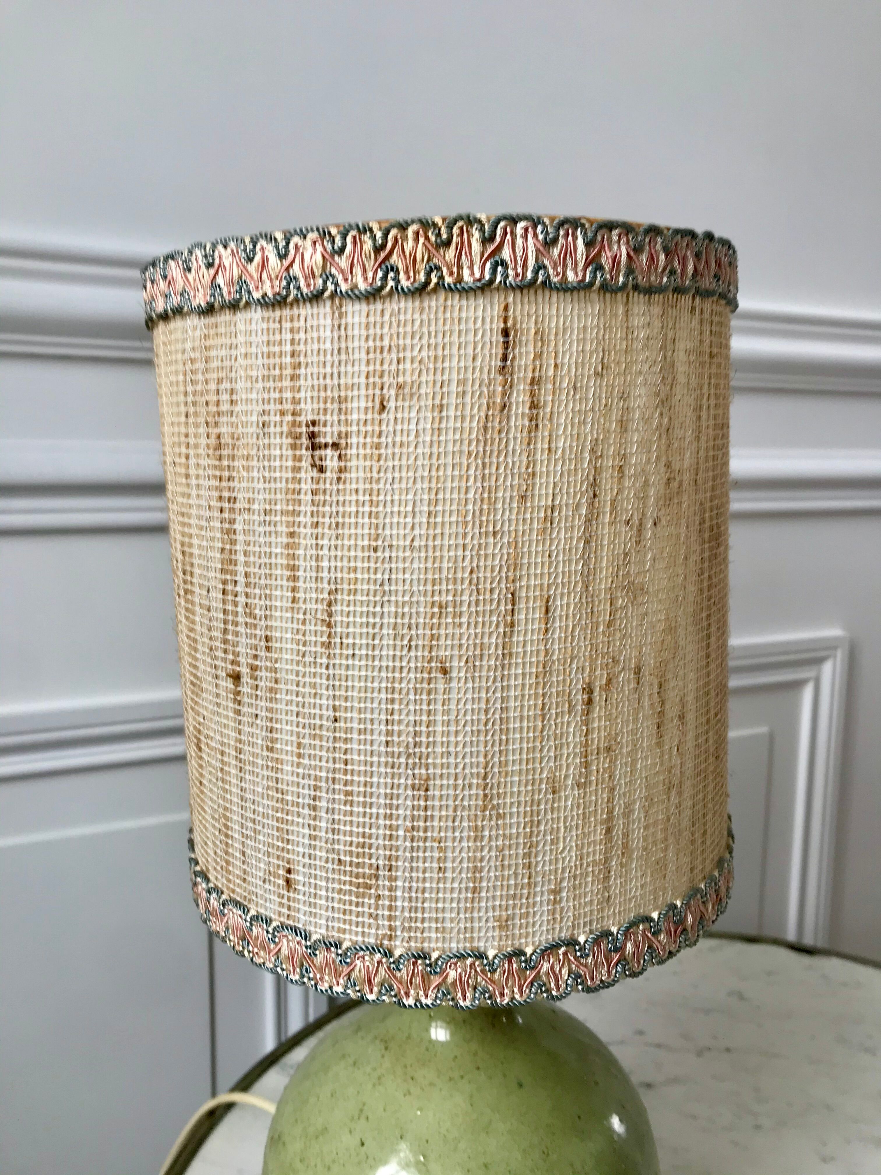 Signed stoneware lamp with woven lampshade 60s-70s
