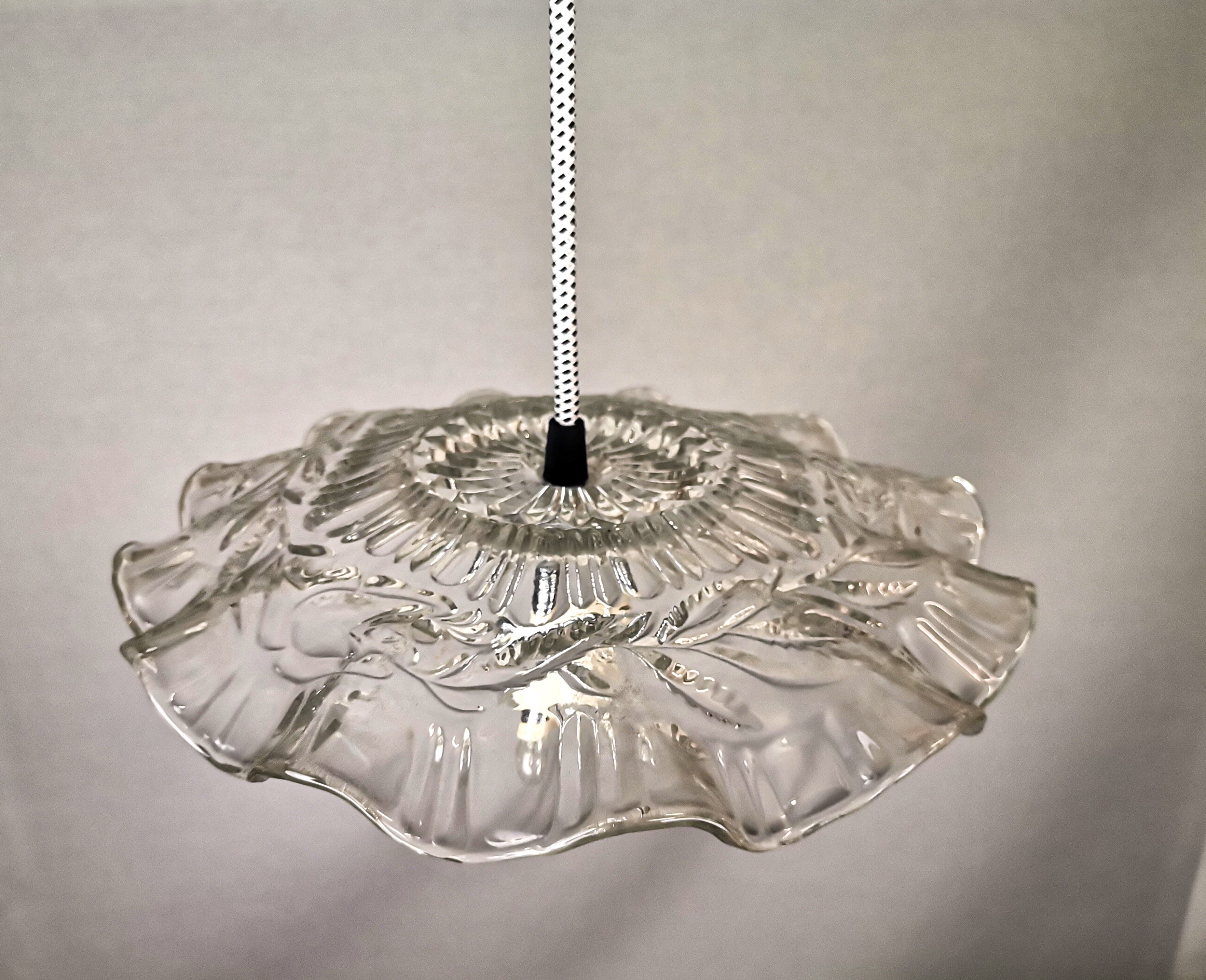 Portuguese farmhouse mid century clear floral glass dish pendant lamp 1960s