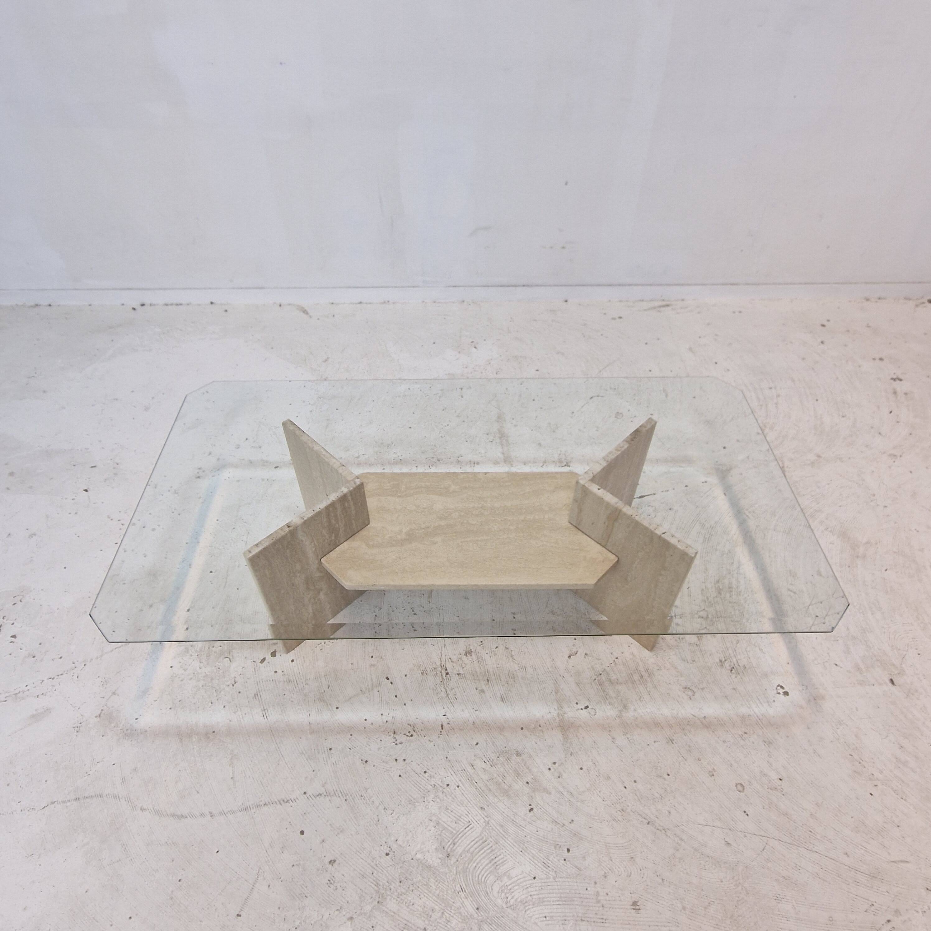Italian Coffee Table in Travertine and Facet Cut Glass, 1980s