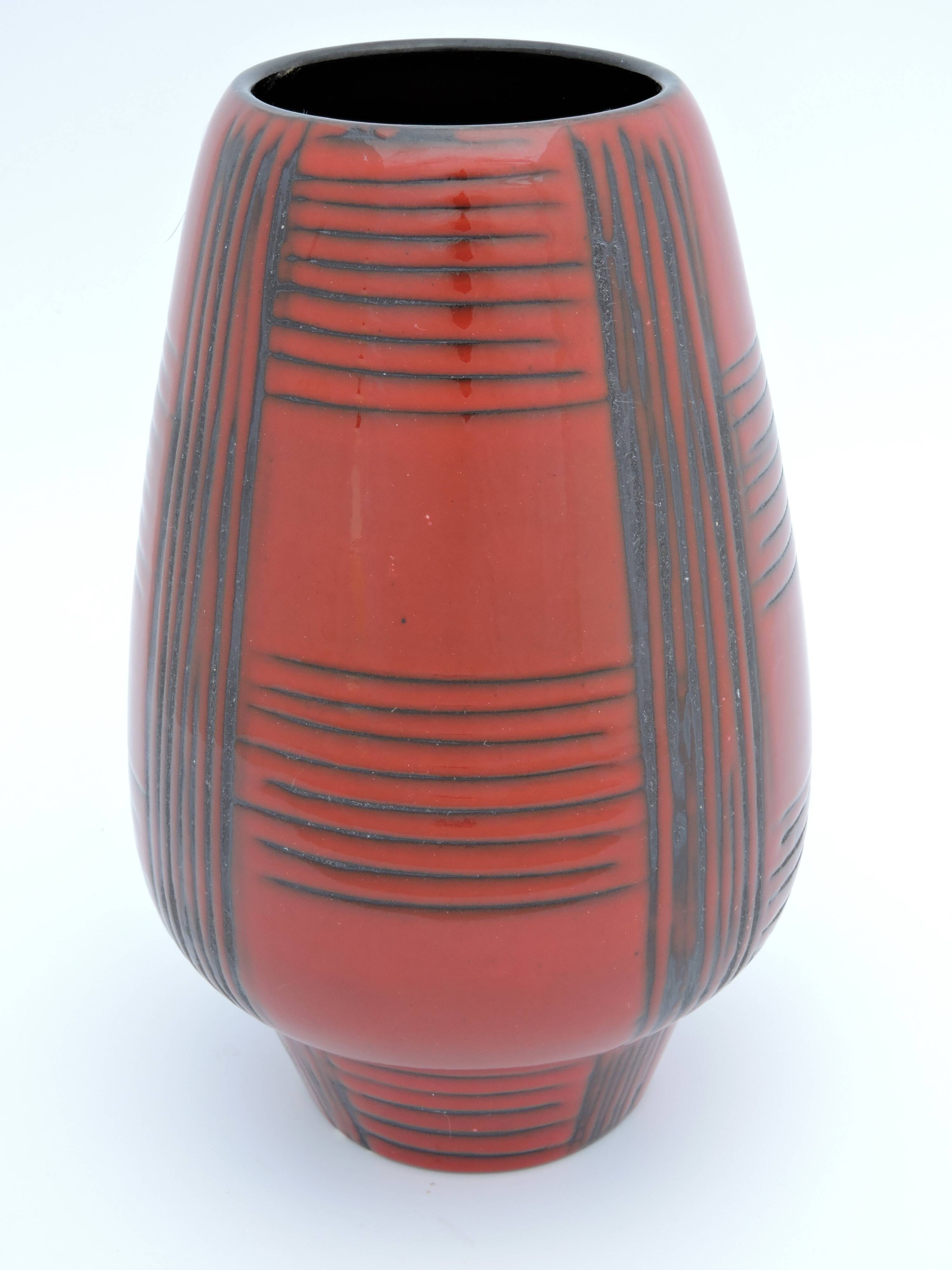 Vintage red ceramic vase scarified decoration elchinger 50' signed
