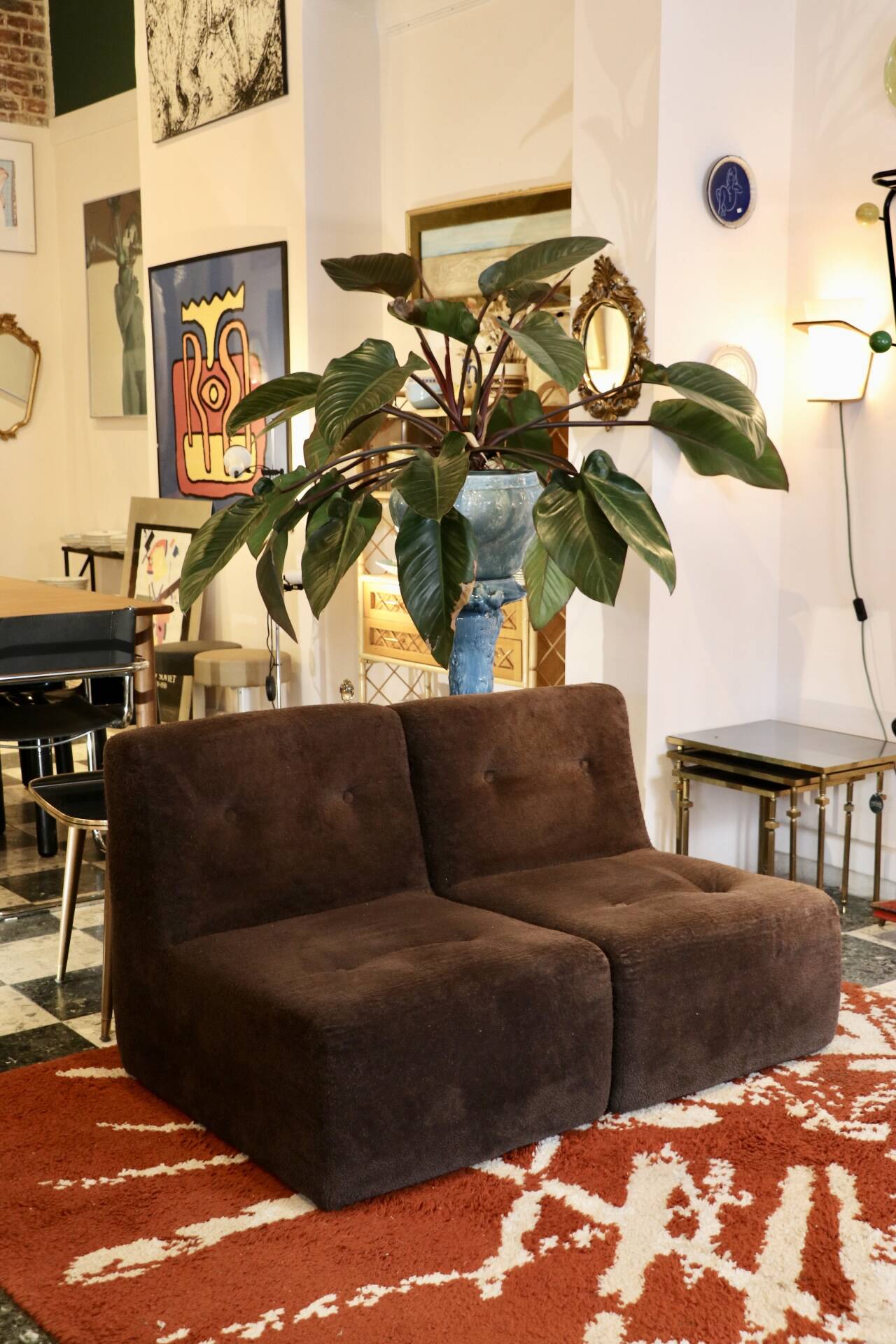 Pair of vintage brown fabric armchairs