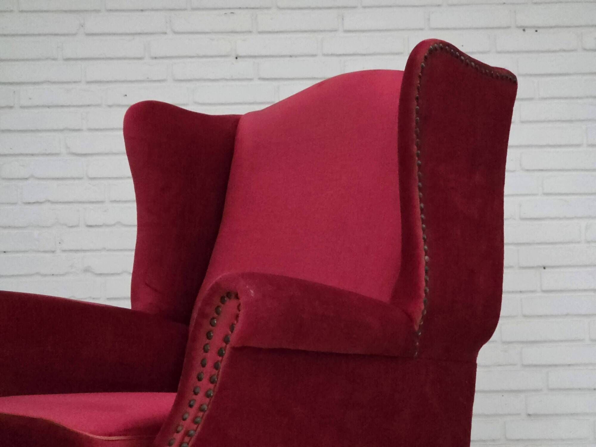 1970s, Danish highback armchair, furniture velour, ash wood legs.
