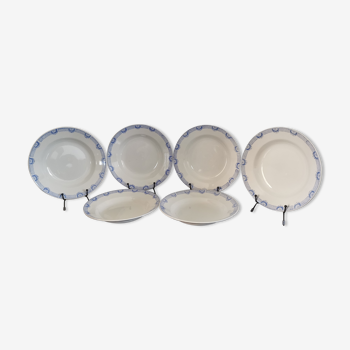 6 assiettes creuses faïence Saint Amand et Hamage blanc/bleu