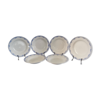 6 assiettes creuses faïence Saint Amand et Hamage blanc/bleu