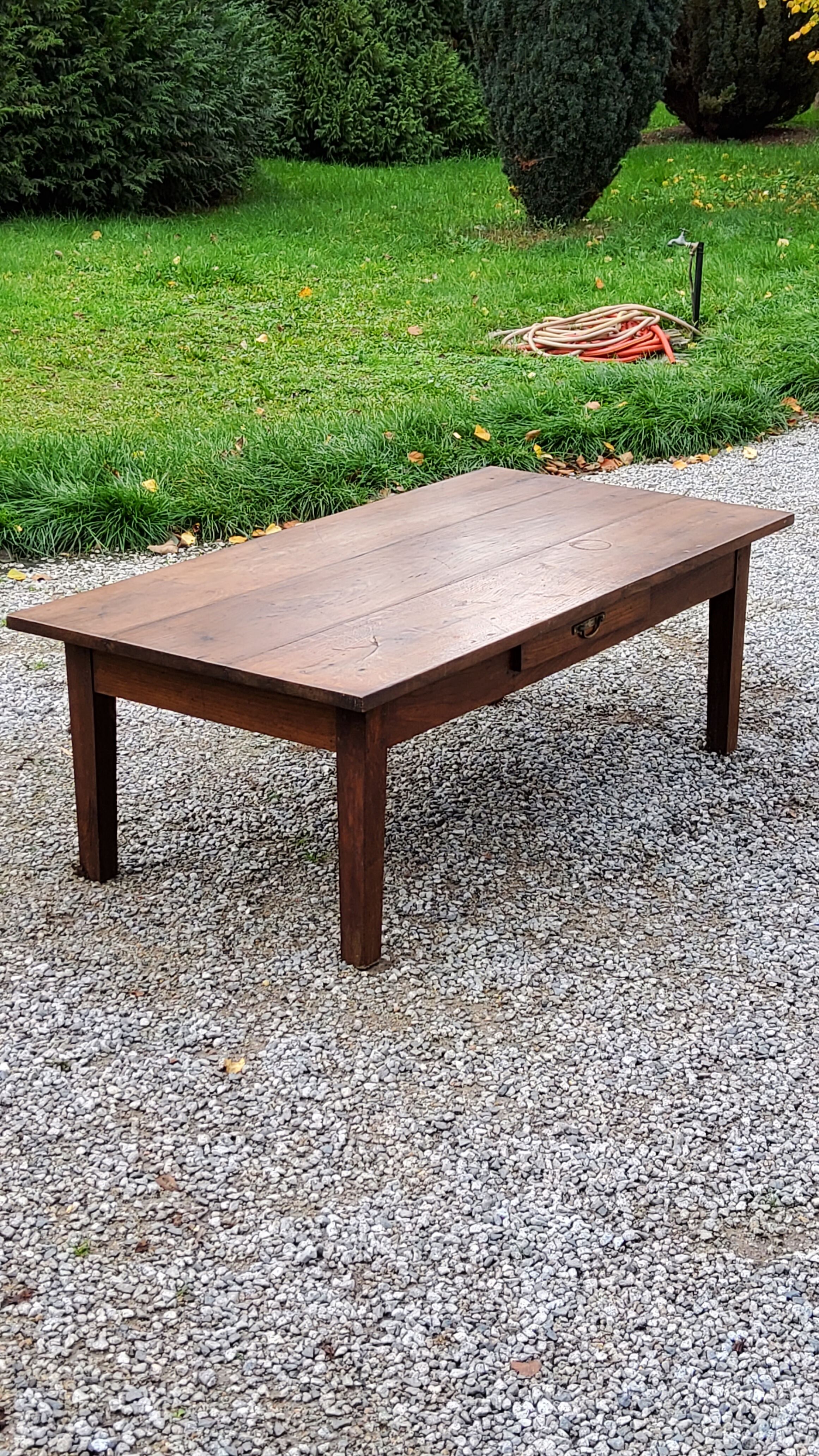 Oak farmhouse coffee table nineteenth century 1 drawer feet bobbins 149cm
