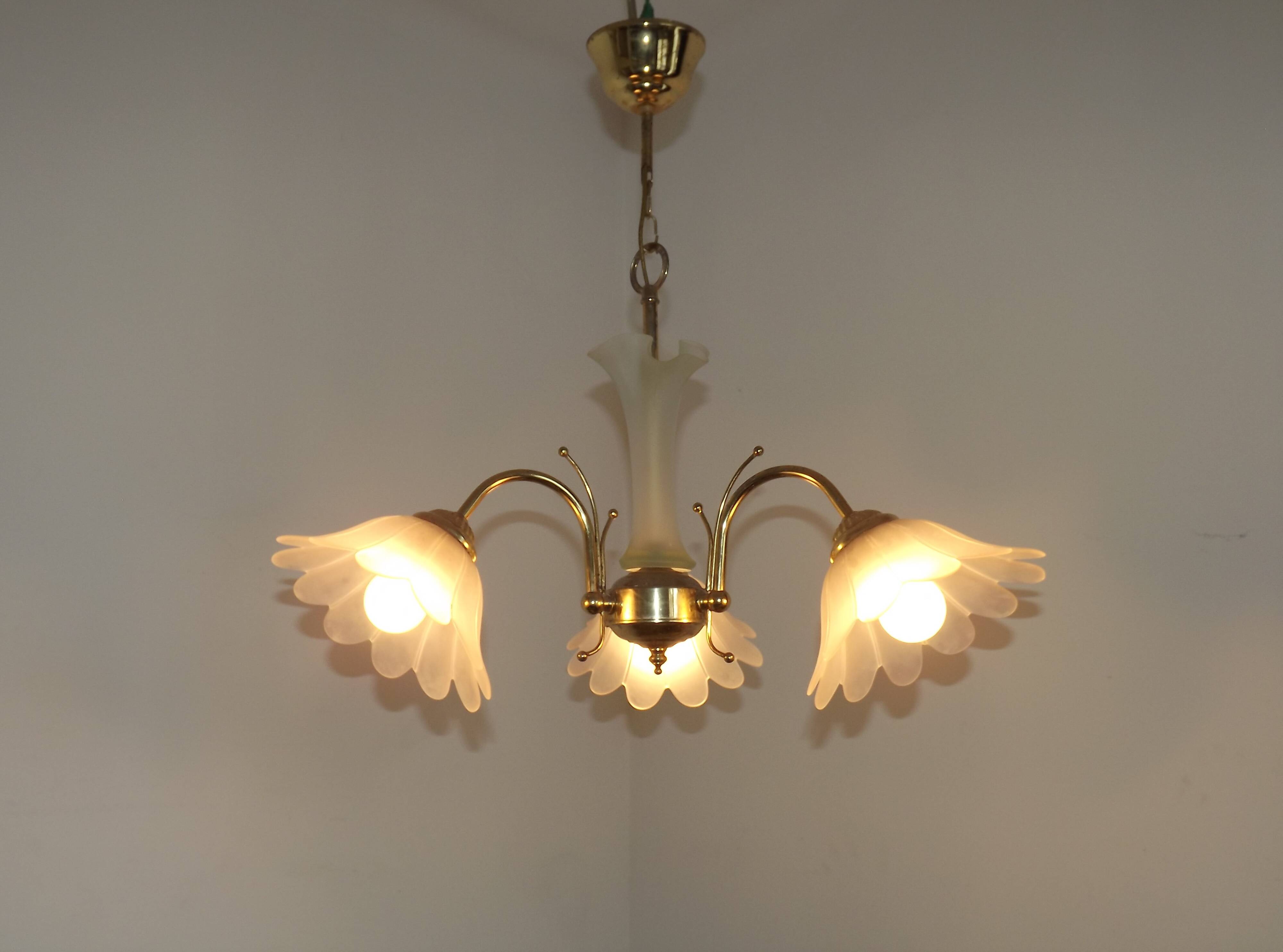 3-Light Vintage French Chandelier Gold Metal Glass Column & Flower Shades