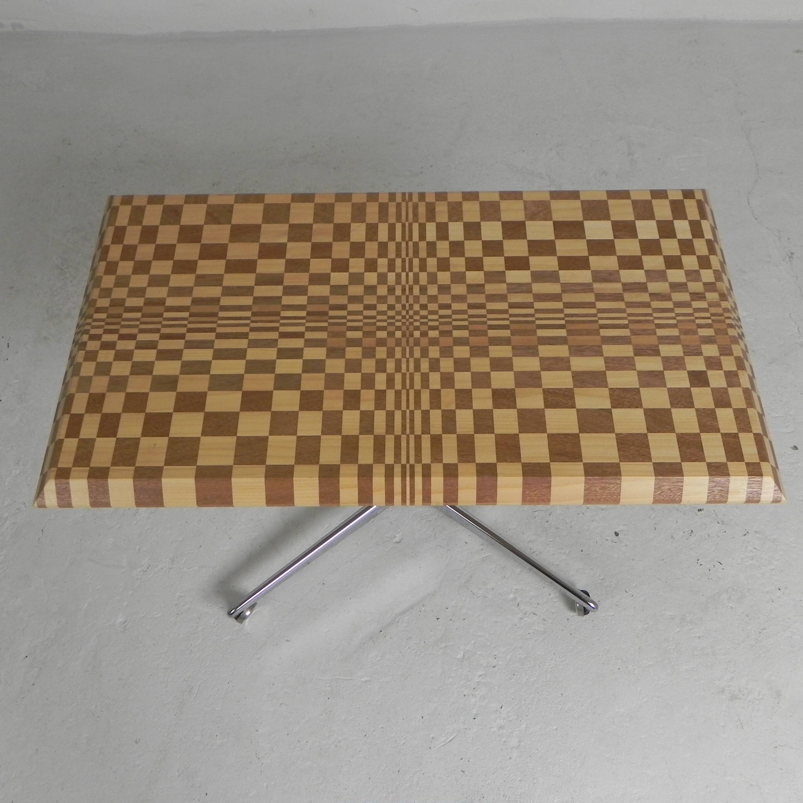 Coffee table made from hundreds of wooden blocks in a psychedelic pattern, 1990s.