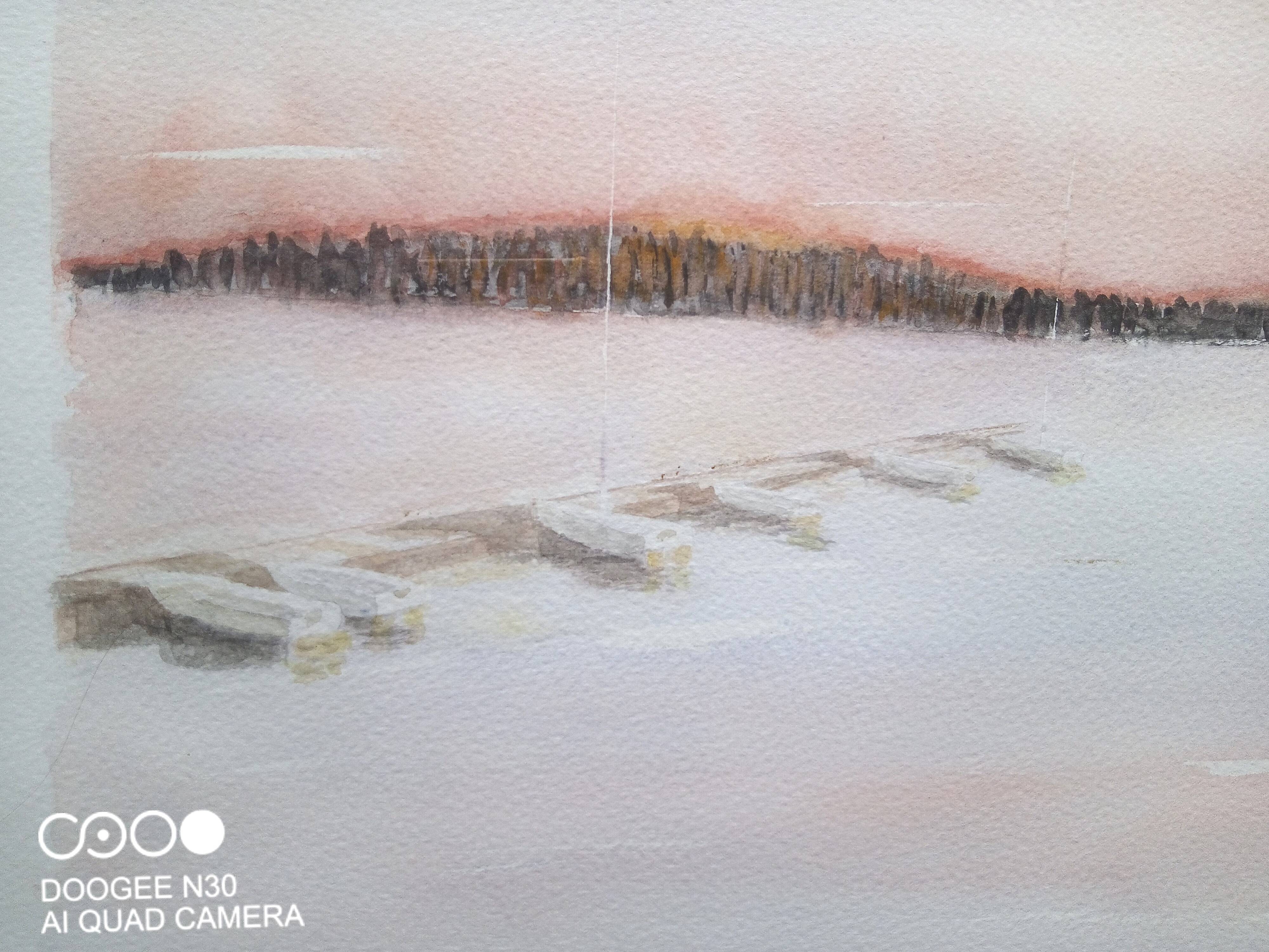 Watercolor on paper - sunset on a beach with boats, framed, signed B. Ernewein