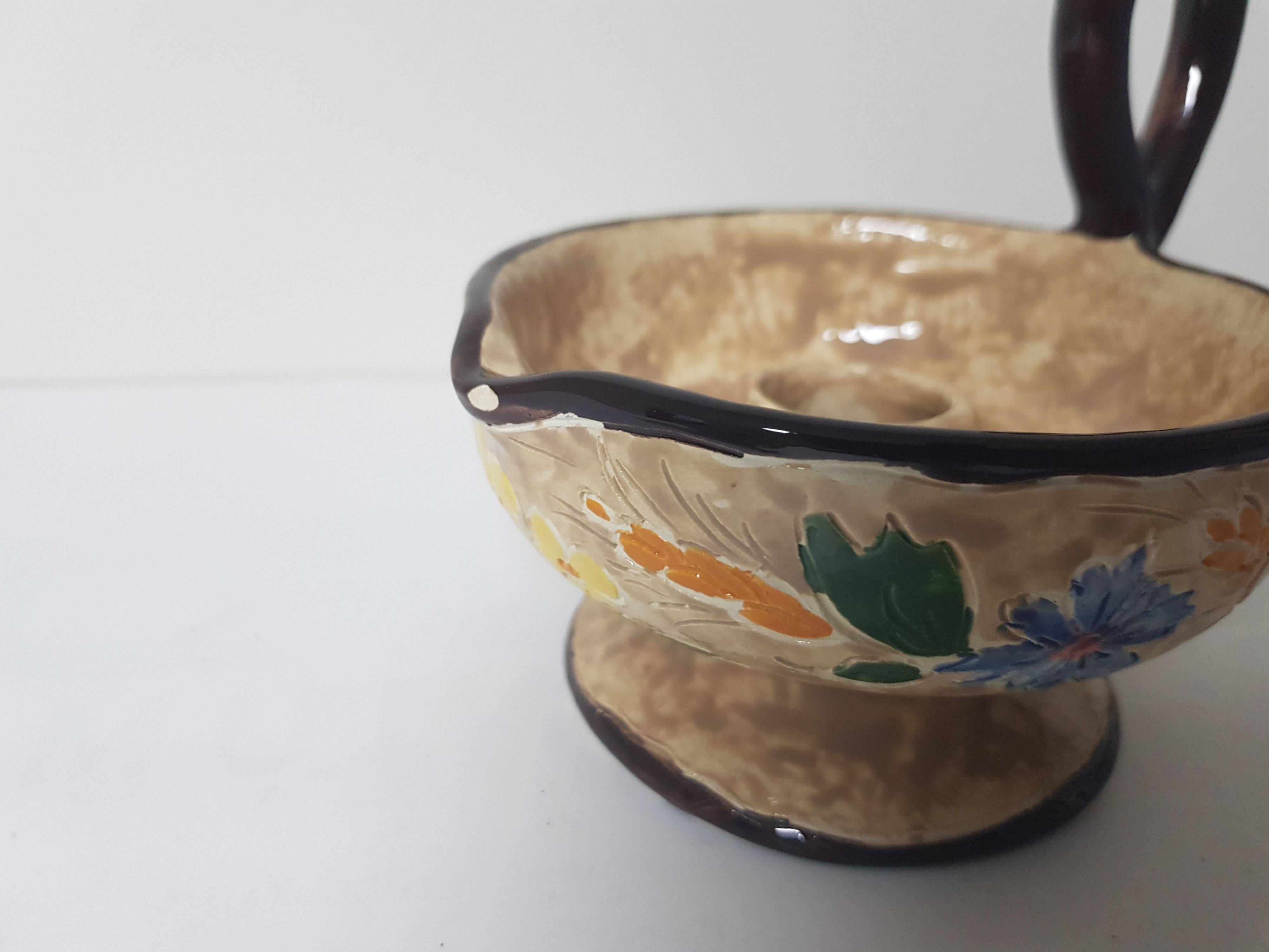 Floral motif ceramic candle holder signed J Massier Vallauris