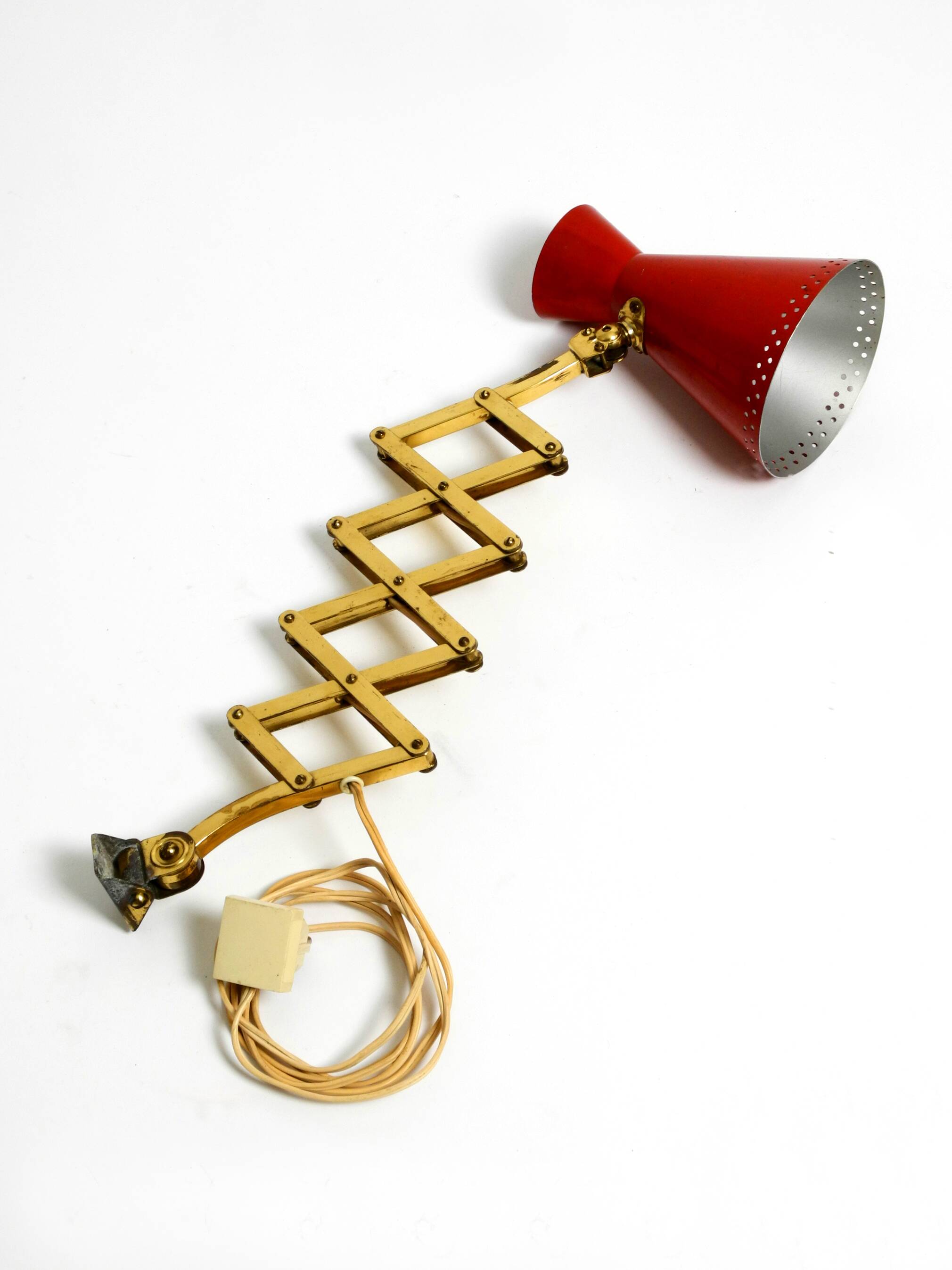 1950s brass extendable scissor wall lamp with aluminum diabolo shade in red