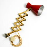 1950s brass extendable scissor wall lamp with aluminum diabolo shade in red