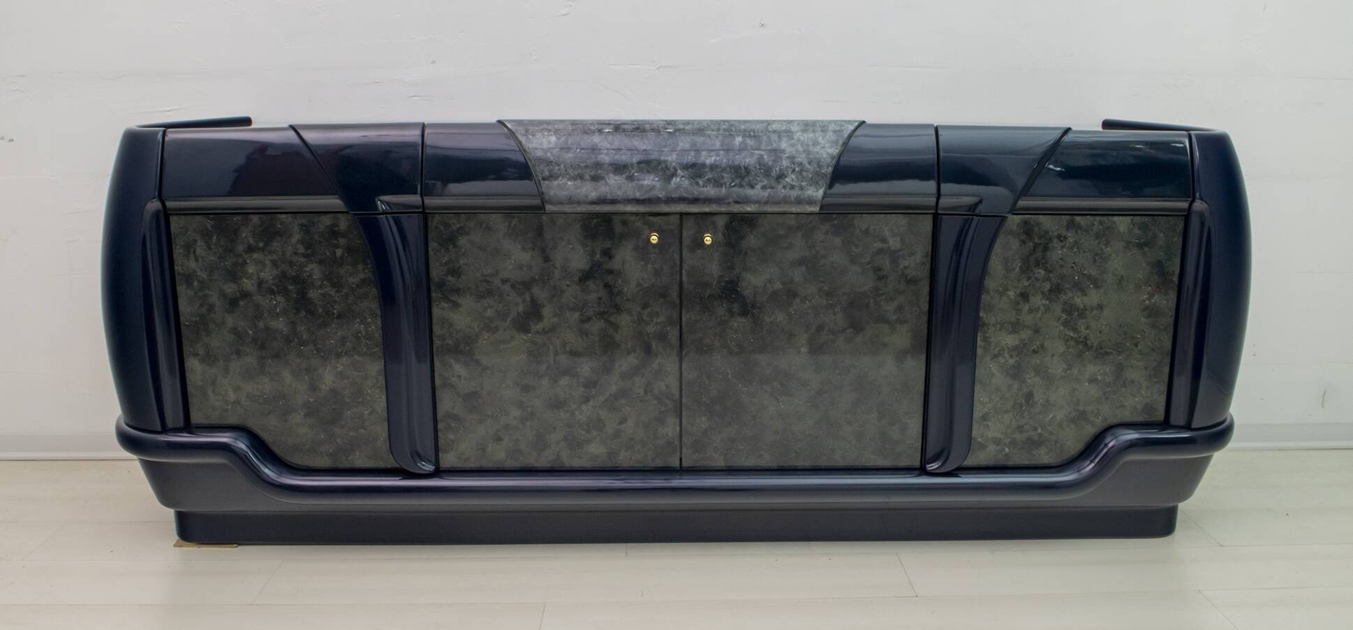 Postmodern Blue Lacquer and Black Marble Sideboard by DBM, Italy, 1980s