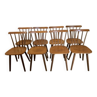 Lot de 8 chaises vintage à barreaux et pieds compas 1960