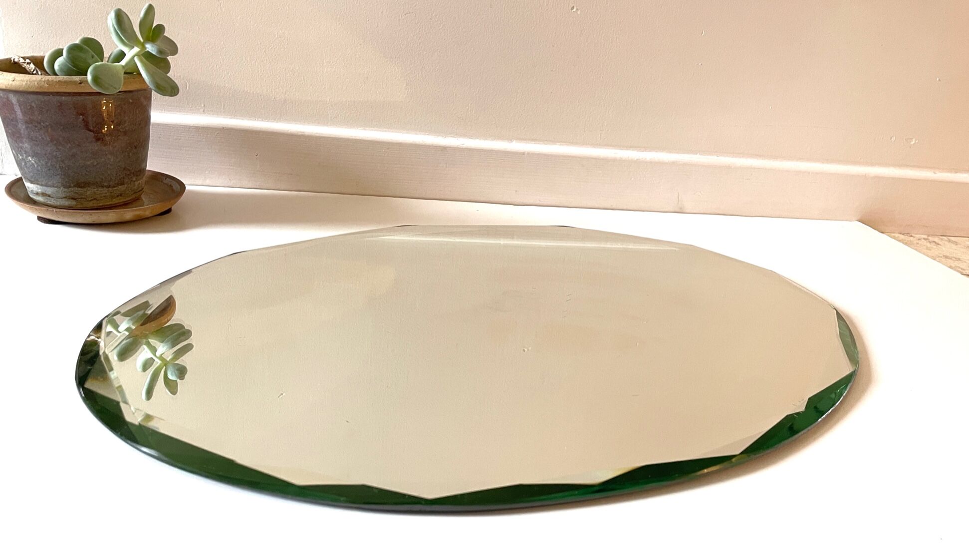 Vintage beveled oval table mirror