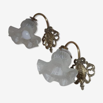 Pair of art nouveau brass and tulip glass wall lamps