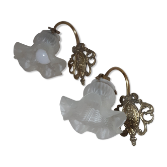 Pair of art nouveau brass and tulip glass wall lamps
