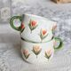 Tasses / mugs barbotine vintage - Motif tulipe - Tons orange et vert