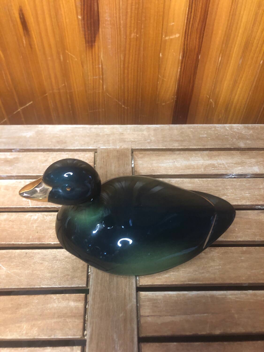 Old michel caugant terrine duck shape ceramic green golden vintage #a409