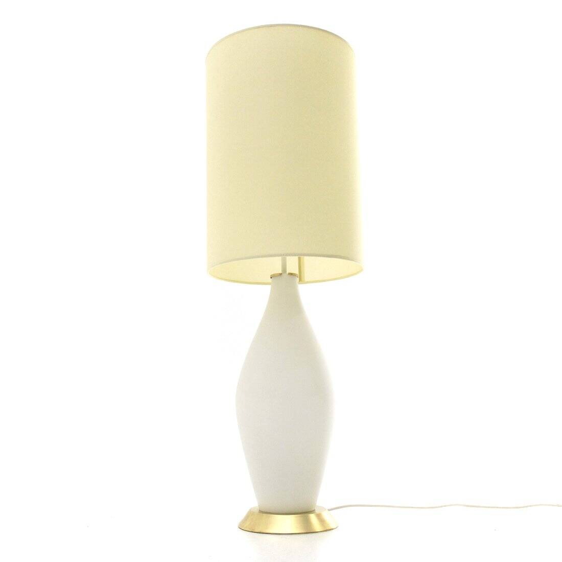 Table lamp in opaline glass and brass with a parchment shade, 1950s.