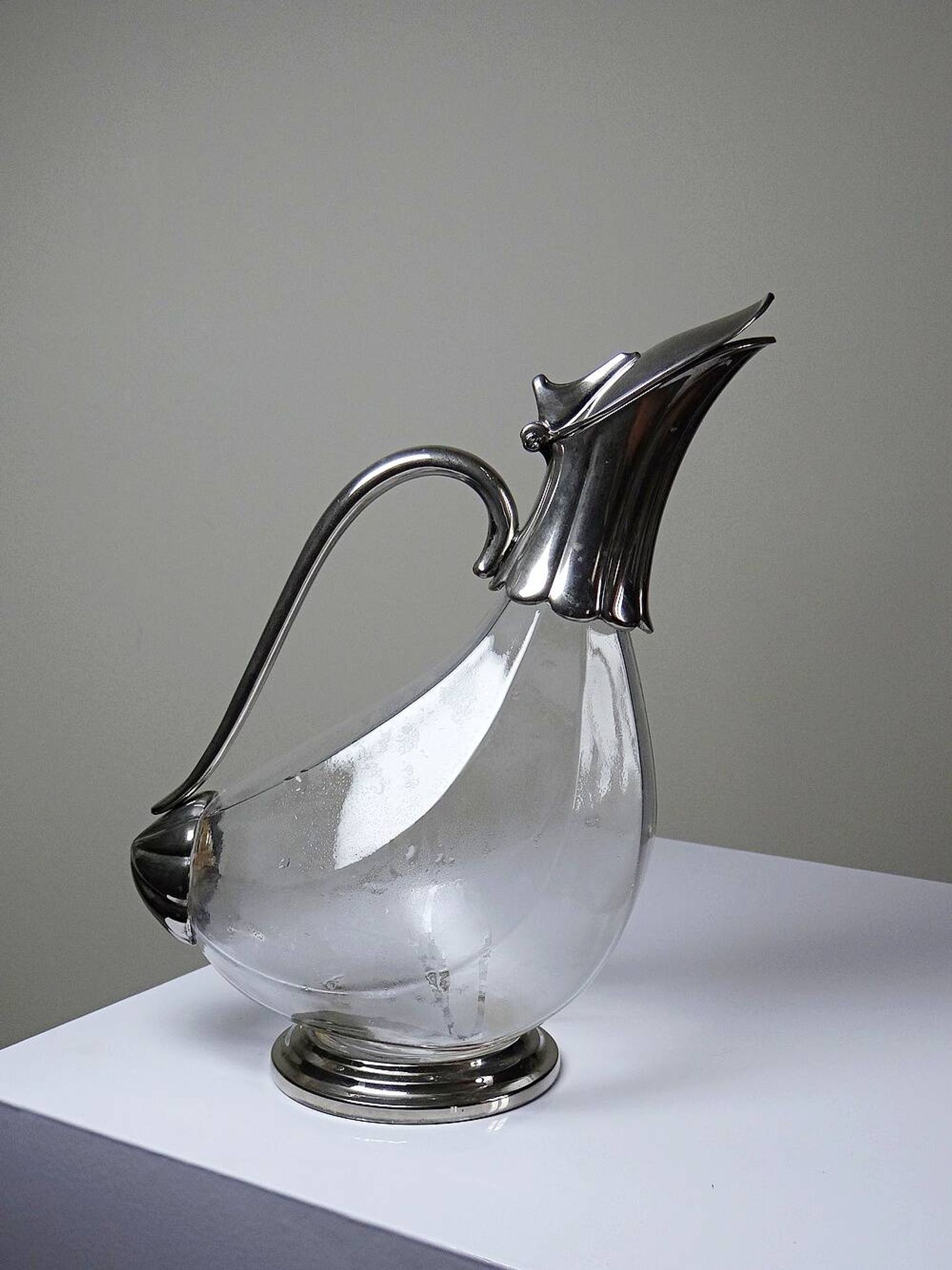Vintage glass and silver-plated metal jug, modernist pitcher/carafe from 1950-1970.