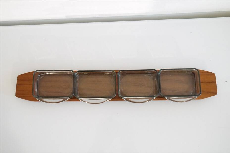 Scandinavian compartmentalized teak and glass tray
