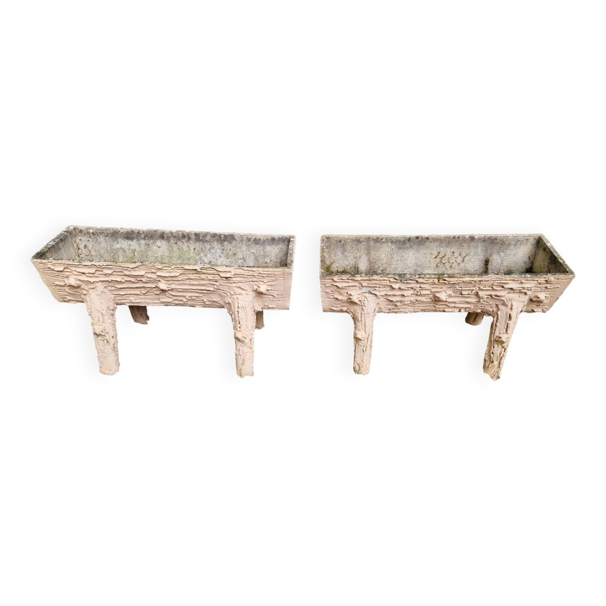 Pair of cement planters in faux wood finish
